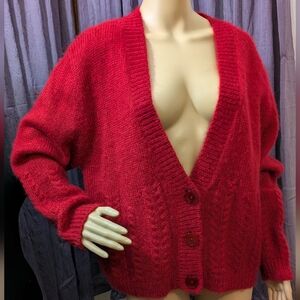 Mohair Blend Red Knit V-neck Cardigan Sweater Medium